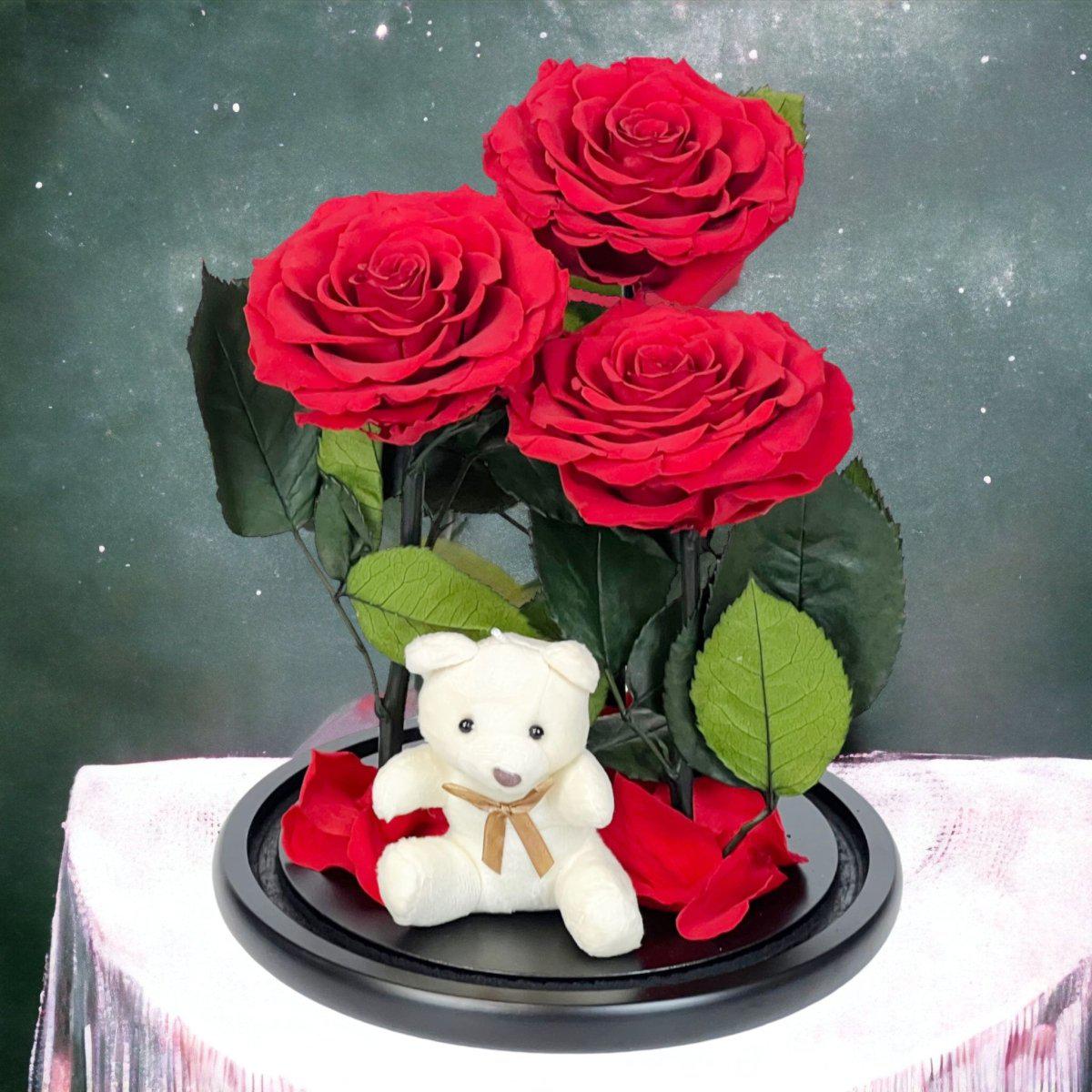 3 Trandafiri Criogenați Roșii Mari în Cupolă de Sticlă cu Ursuleț de Pluș Cadou - Trandafir - Criogenat.ro