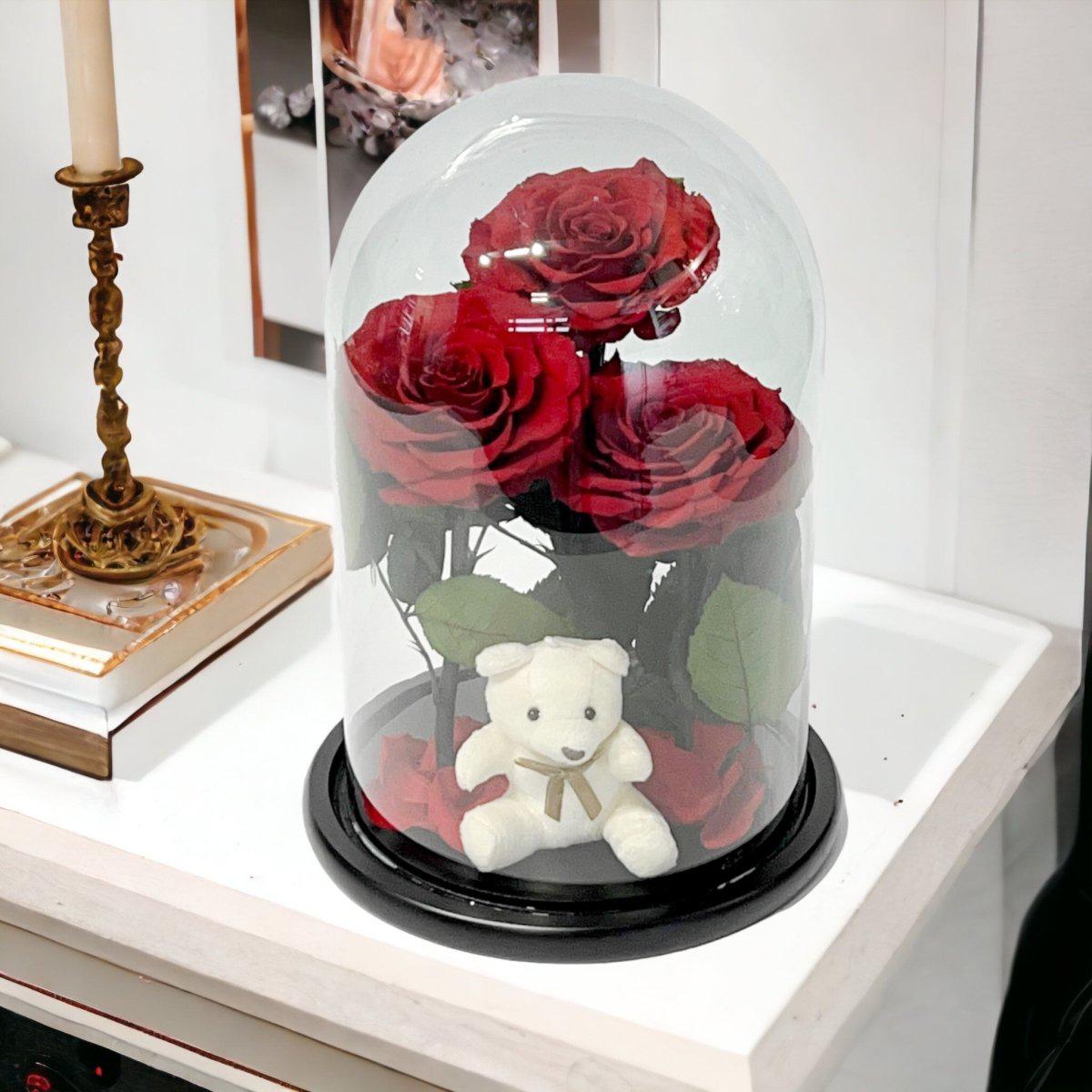 3 Trandafiri Criogenați Roșii Mari în Cupolă de Sticlă cu Ursuleț de Pluș Cadou - Trandafir - Criogenat.ro