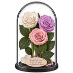 3 trandafiri criogenați XL (1 alb, 1 lila și 1 roz pal) în cupolă de sticlă 15 × 25 cm - Trandafir-Criogenat.ro