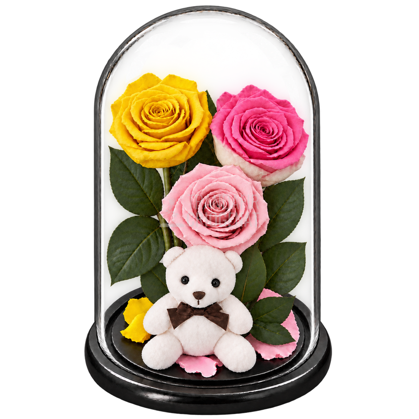 3 trandafiri criogenați XL (1 galben aprins, 1 bicolor roz-alb și 1 roz pal) în cupolă de sticlă 15 × 25 cm - Trandafir-Criogenat.ro