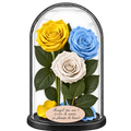 3 trandafiri criogenați XL (1 galben aprins, 1 bleu deschis și 1 alb) în cupolă de sticlă 15 × 25 cm - Trandafir-Criogenat.ro