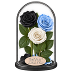3 trandafiri criogenați XL (1 negru, 1 bleu deschis și 1 alb) în cupolă de sticlă 15 × 25 cm - Trandafir-Criogenat.ro