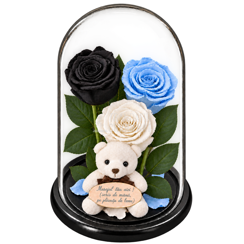 3 trandafiri criogenați XL (1 negru, 1 bleu deschis și 1 alb) în cupolă de sticlă 15 × 25 cm - Trandafir-Criogenat.ro