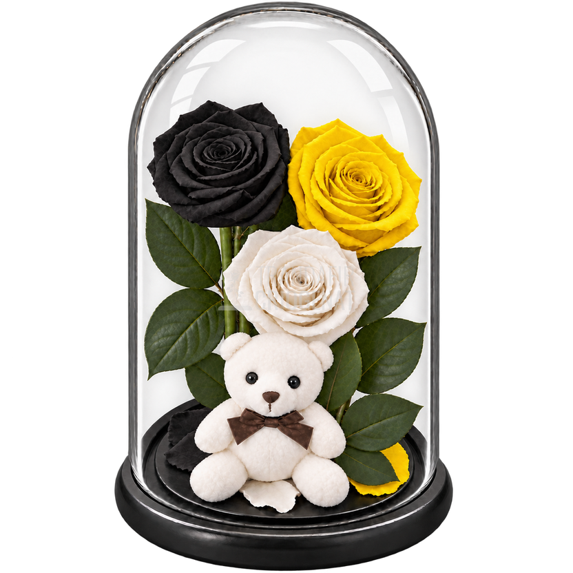3 trandafiri criogenați XL (1 negru, 1 galben aprins și 1 alb) în cupolă de sticlă 15 × 25 cm - Trandafir-Criogenat.ro