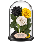3 trandafiri criogenați XL (1 negru, 1 galben aprins și 1 alb) în cupolă de sticlă 15 × 25 cm - Trandafir-Criogenat.ro