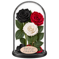 3 trandafiri criogenați XL (1 negru, 1 roșu închis și 1 alb) în cupolă de sticlă 15 × 25 cm - Trandafir-Criogenat.ro
