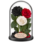 3 trandafiri criogenați XL (1 negru, 1 roșu închis și 1 alb) în cupolă de sticlă 15 × 25 cm - Trandafir-Criogenat.ro