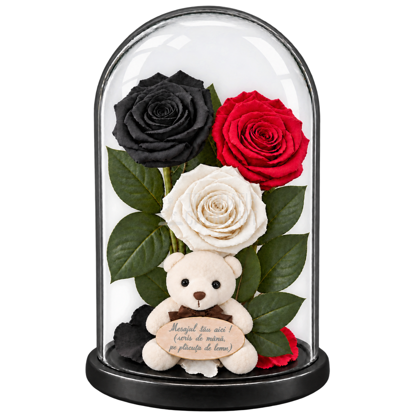3 trandafiri criogenați XL (1 negru, 1 roșu și 1 alb) în cupolă de sticlă 15 × 25 cm - Trandafir-Criogenat.ro