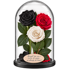 3 trandafiri criogenați XL (1 negru, 1 roșu și 1 alb) în cupolă de sticlă 15 × 25 cm - Trandafir-Criogenat.ro