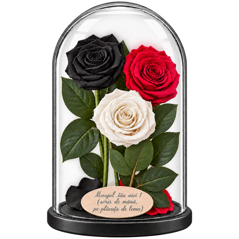 3 trandafiri criogenați XL (1 negru, 1 roșu și 1 alb) în cupolă de sticlă 15 × 25 cm - Trandafir-Criogenat.ro