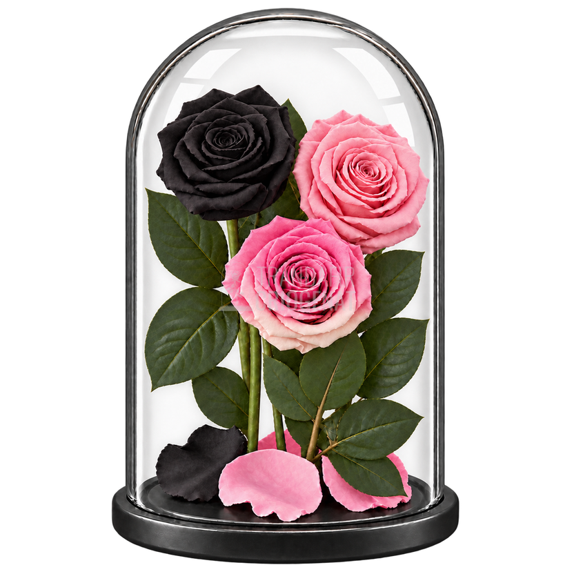 3 trandafiri criogenați XL (1 negru, 1 roz pal și 1 bicolor roz-alb) în cupolă de sticlă 15 × 25 cm - Trandafir-Criogenat.ro