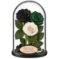 3 trandafiri criogenați XL (1 negru, 1 verde închis și 1 alb) în cupolă de sticlă 15 × 25 cm - Trandafir-Criogenat.ro