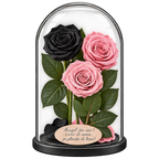 3 trandafiri criogenați XL (1 negru și 2 roz pal) în cupolă de sticlă 15 × 25 cm - Trandafir-Criogenat.ro