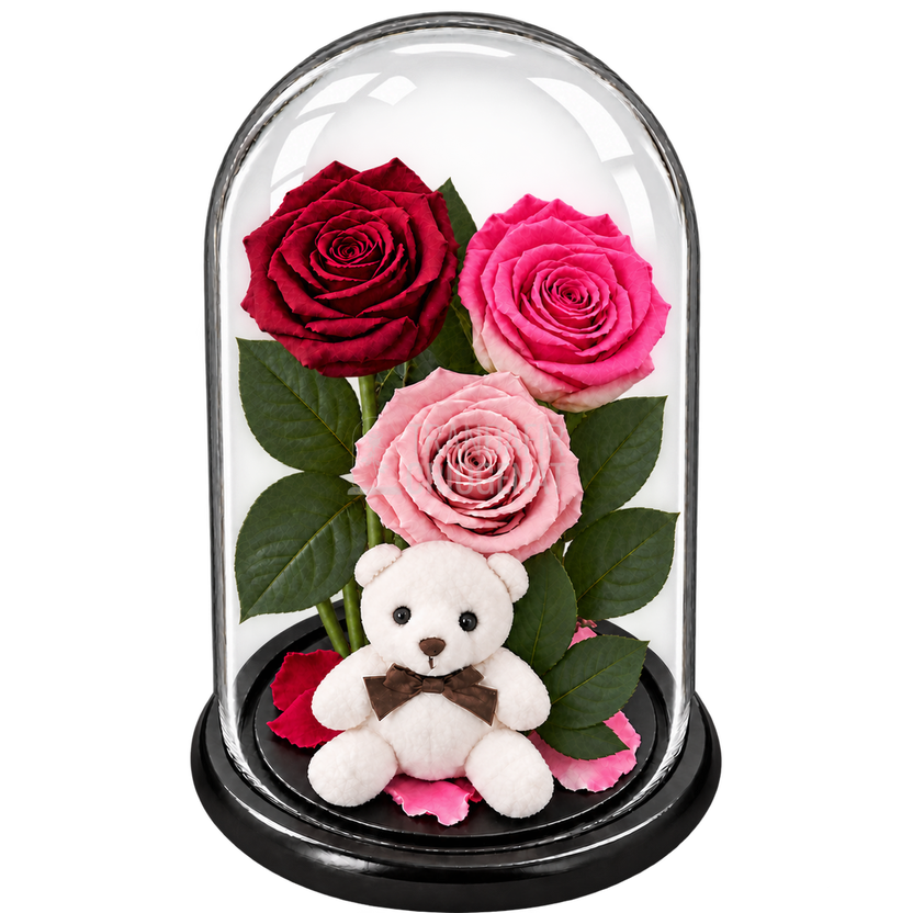 3 trandafiri criogenați XL (1 roșu închis, 1 bicolor roz-alb și 1 roz pal) în cupolă de sticlă 15 × 25 cm - Trandafir-Criogenat.ro