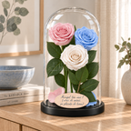 3 trandafiri criogenați XL (1 roz pal, 1 bleu deschis și 1 alb) în cupolă de sticlă 15 × 25 cm - Trandafir-Criogenat.ro