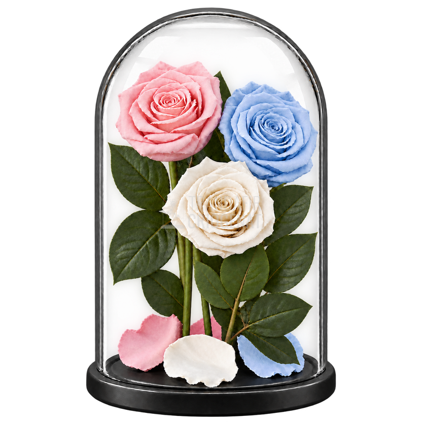 3 trandafiri criogenați XL (1 roz pal, 1 bleu deschis și 1 alb) în cupolă de sticlă 15 × 25 cm - Trandafir-Criogenat.ro