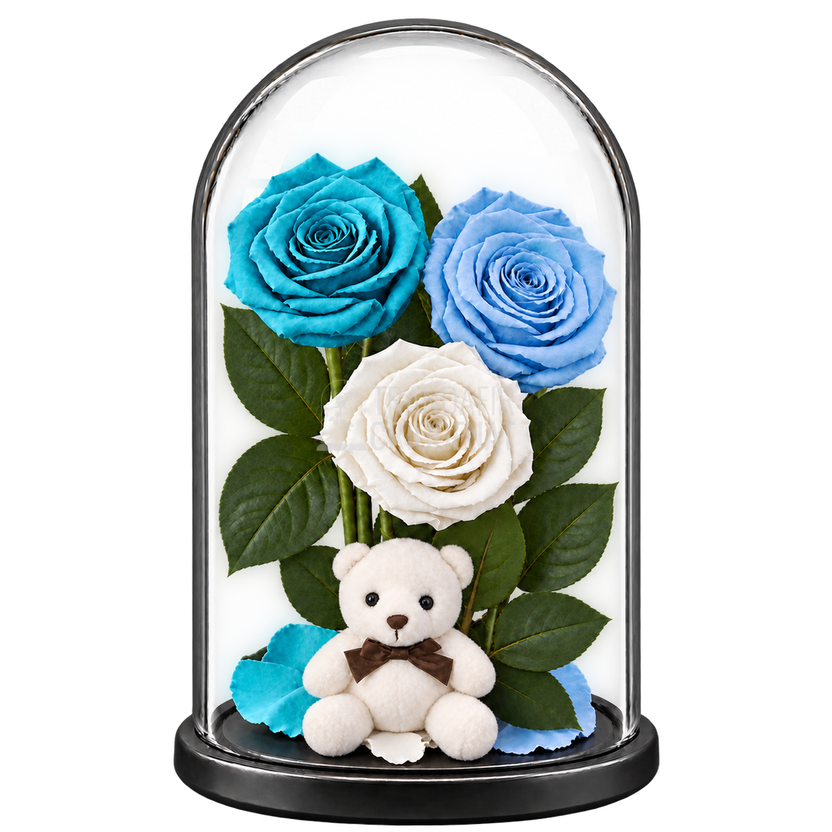 3 trandafiri criogenați XL (1 turcoaz, 1 bleu deschis și 1 alb) în cupolă de sticlă 15 × 25 cm - Trandafir-Criogenat.ro
