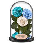 3 trandafiri criogenați XL (1 turcoaz, 1 bleu deschis și 1 alb) în cupolă de sticlă 15 × 25 cm - Trandafir-Criogenat.ro