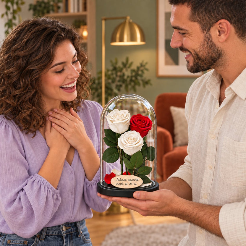 3 trandafiri criogenați XL, doi albi și unul roșu, în cupolă 15 × 25 cm, fără ursuleț, cu mesaj — cadou oferit de un cuplu