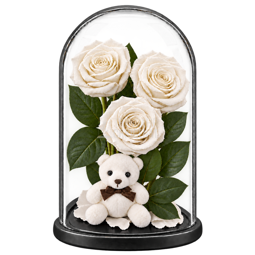 3 trandafiri criogenați XL albi în cupolă de sticlă 15 × 25 cm - Trandafir-Criogenat.ro