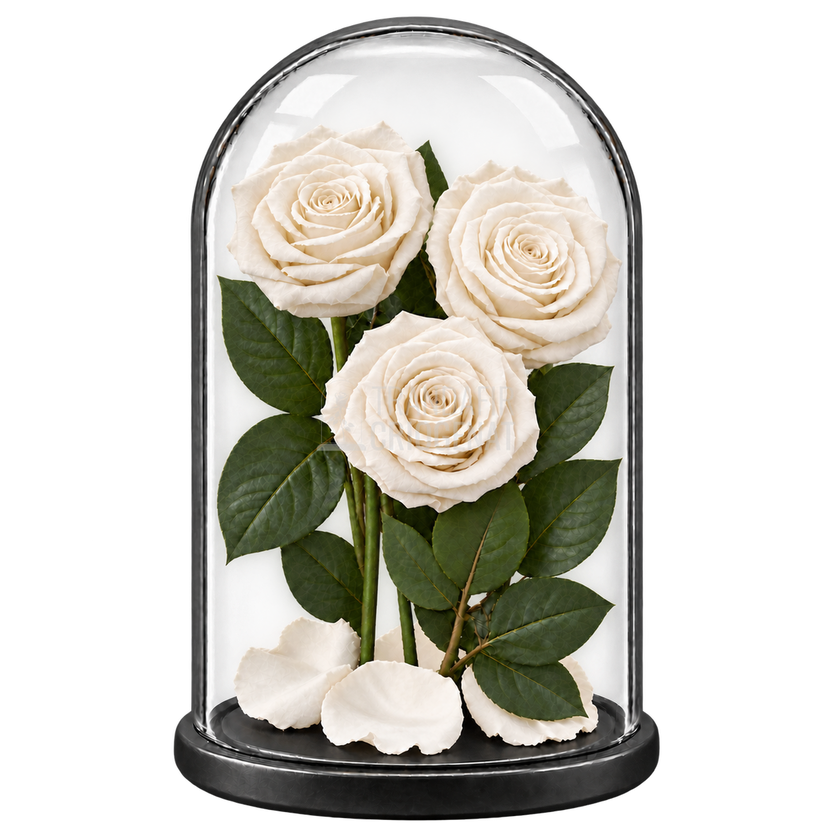 3 trandafiri criogenați XL albi în cupolă de sticlă 15 × 25 cm - Trandafir-Criogenat.ro