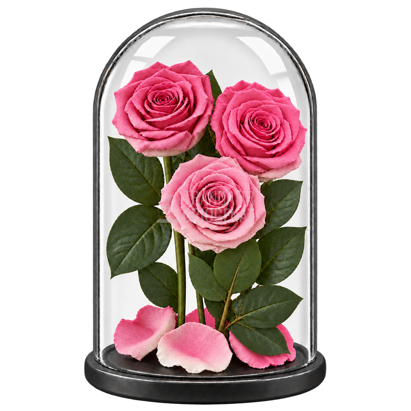 3 trandafiri criogenați XL bicolori roz-alb în cupolă de sticlă 15 × 25 cm - Trandafir-Criogenat.ro