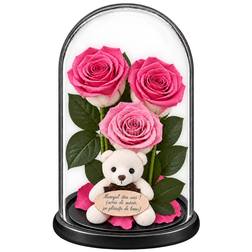 3 trandafiri criogenați XL bicolori roz-alb în cupolă de sticlă 15 × 25 cm - Trandafir-Criogenat.ro