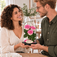 3 trandafiri criogenați XL bicolori roz-alb în cupolă de sticlă 15 × 25 cm - Trandafir-Criogenat.ro