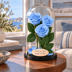 3 trandafiri criogenați XL bleu deschis în cupolă de sticlă 15 × 25 cm - Trandafir-Criogenat.ro