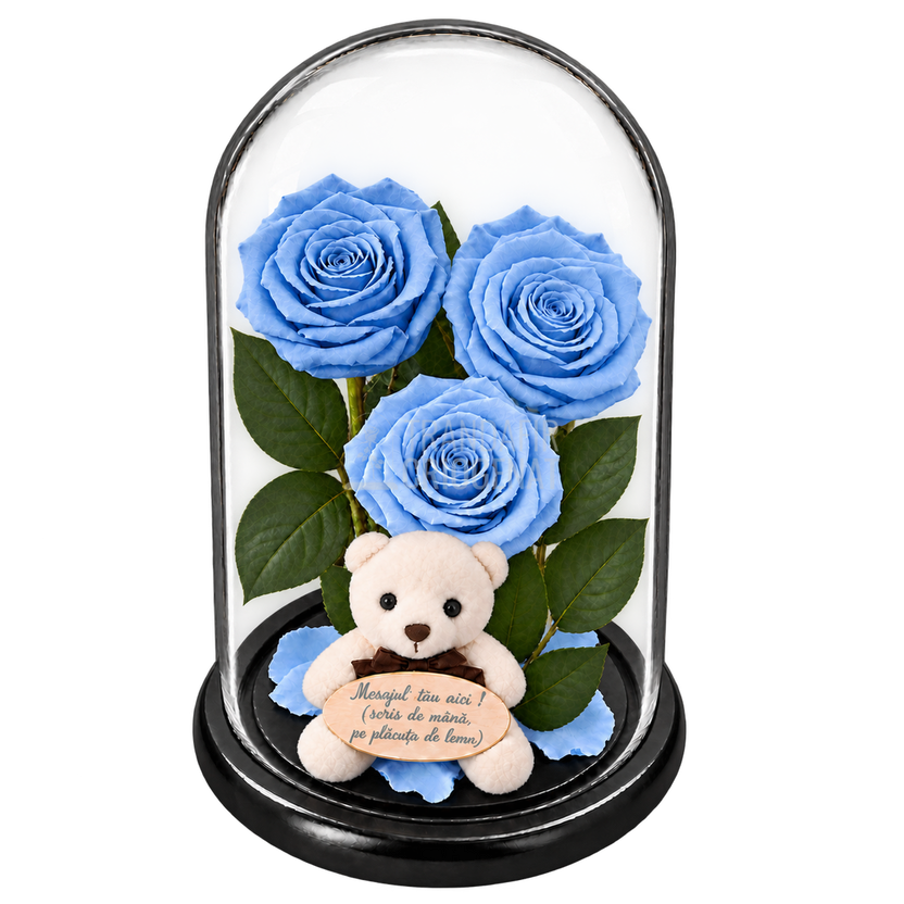 3 trandafiri criogenați XL bleu deschis în cupolă de sticlă 15 × 25 cm - Trandafir-Criogenat.ro