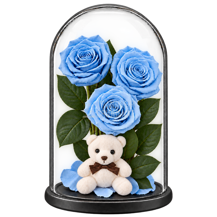 3 trandafiri criogenați XL bleu deschis în cupolă de sticlă 15 × 25 cm - Trandafir-Criogenat.ro