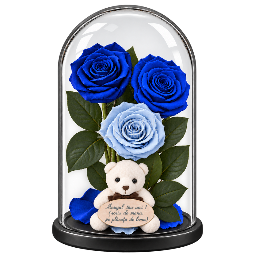 3 trandafiri criogenați XL în nuanțe de albastru și bleu deschis în cupolă de sticlă 15 × 25 cm - Trandafir-Criogenat.ro