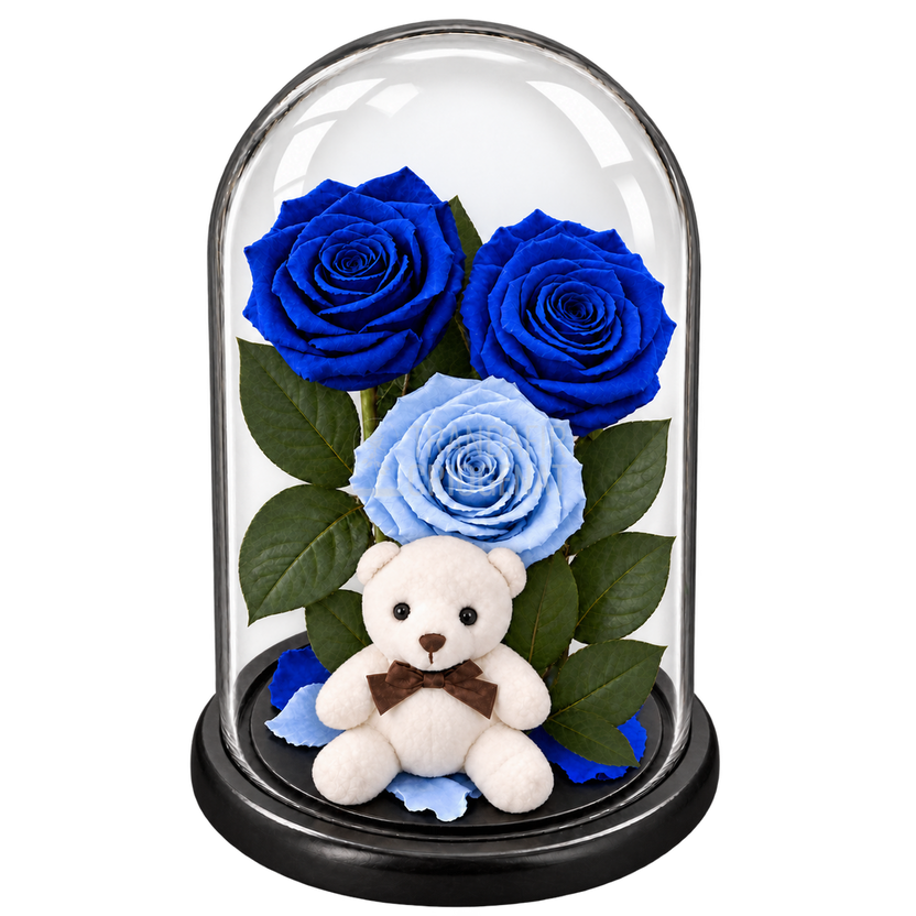 3 trandafiri criogenați XL în nuanțe de albastru și bleu deschis în cupolă de sticlă 15 × 25 cm - Trandafir-Criogenat.ro