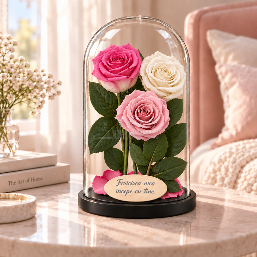 3 trandafiri criogenați XL în nuanțe de bicolor roz-alb, alb și roz pal în cupolă de sticlă 15 × 25 cm - Trandafir-Criogenat.ro