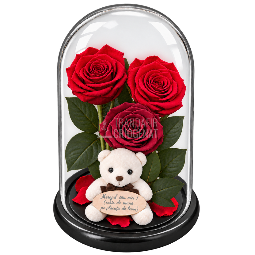 3 trandafiri criogenați XL în nuanțe de roșu și roșu închis în cupolă de sticlă 15 × 25 cm - Trandafir-Criogenat.ro