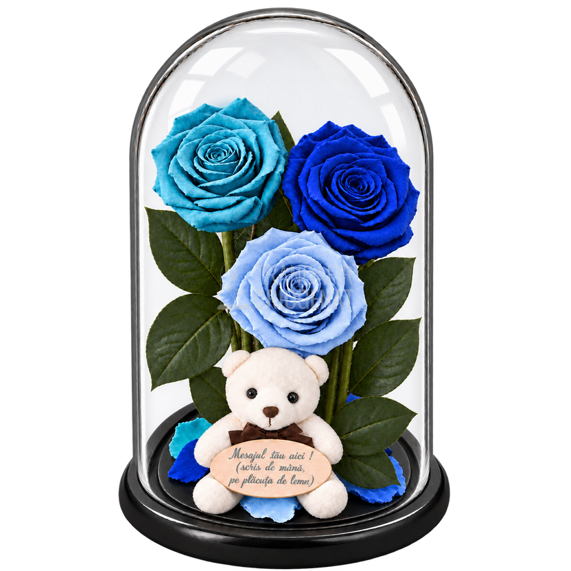 3 trandafiri criogenați XL în nuanțe de turcoaz, albastru și bleu deschis în cupolă de sticlă 15 × 25 cm - Trandafir-Criogenat.ro