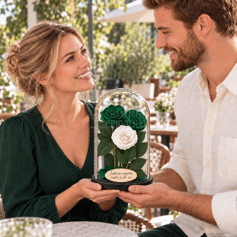 3 trandafiri criogenați XL în nuanțe de verde închis și alb în cupolă de sticlă 15 × 25 cm - Trandafir-Criogenat.ro