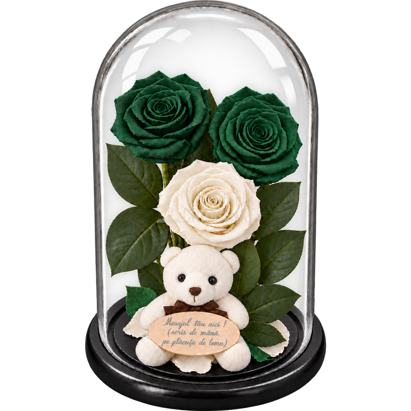 3 trandafiri criogenați XL în nuanțe de verde închis și alb în cupolă de sticlă 15 × 25 cm - Trandafir-Criogenat.ro