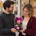 3 trandafiri criogenați XL purpurii și mov pudrat în cupolă de sticlă 15 × 25 cm - Trandafir-Criogenat.ro
