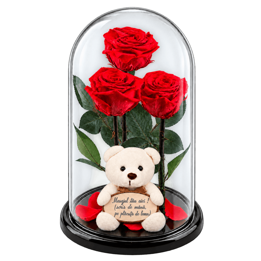 3 trandafiri criogenați XL roșu corai în cupolă de sticlă 15 × 25 cm - Trandafir-Criogenat.ro