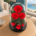 3 trandafiri criogenați XL roșu corai în cupolă de sticlă 15 × 25 cm - Trandafir-Criogenat.ro