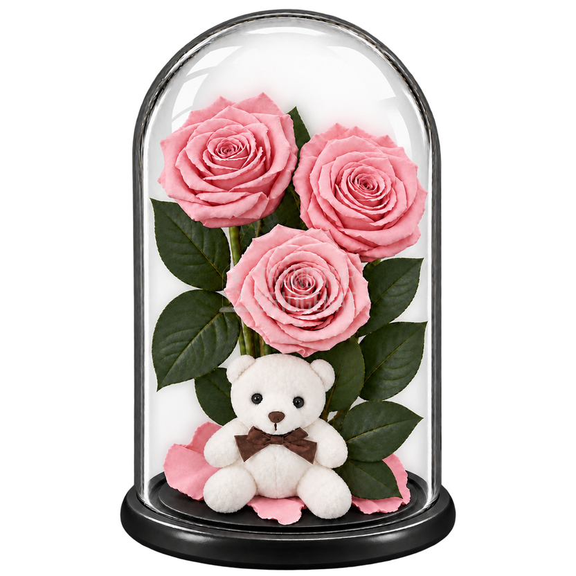 3 trandafiri criogenați XL roz pal în cupolă de sticlă 15 × 25 cm - Trandafir-Criogenat.ro
