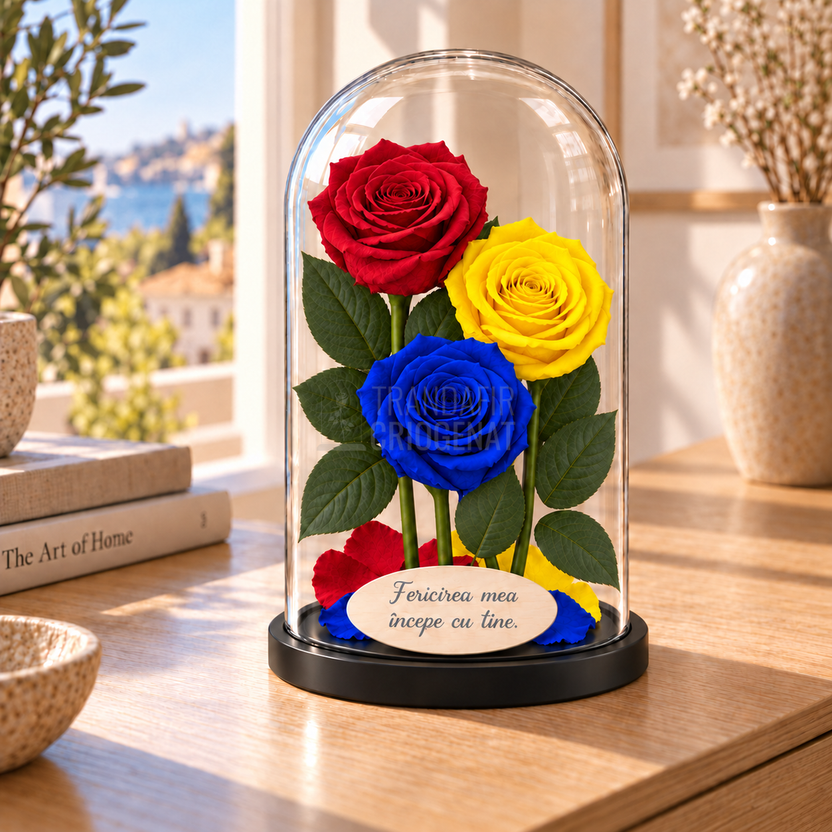 3 trandafiri criogenați XL tricolor România — roșu, galben și albastru în cupolă de sticlă 15 × 25 cm - Trandafir-Criogenat.ro