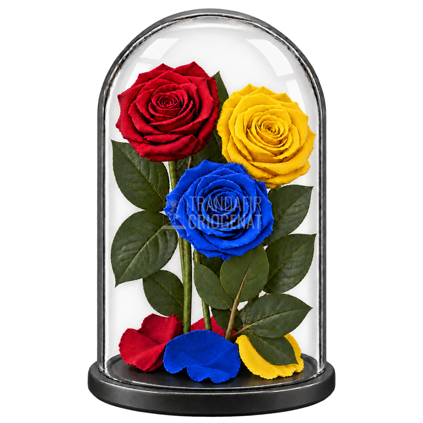 3 trandafiri criogenați XL tricolor România — roșu, galben și albastru în cupolă de sticlă 15 × 25 cm - Trandafir-Criogenat.ro