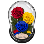 3 trandafiri criogenați XL tricolor România — roșu, galben și albastru în cupolă de sticlă 15 × 25 cm - Trandafir-Criogenat.ro