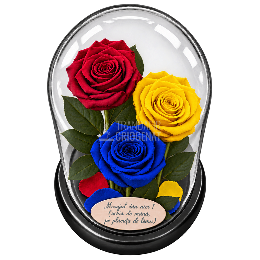 3 trandafiri criogenați XL tricolor România — roșu, galben și albastru în cupolă de sticlă 15 × 25 cm - Trandafir-Criogenat.ro