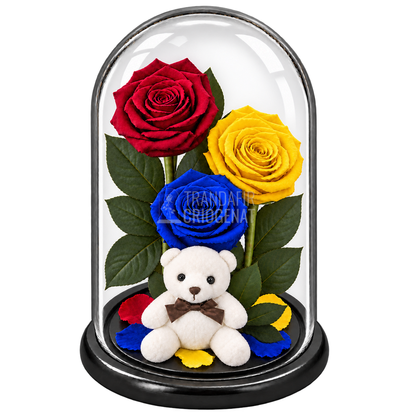 3 trandafiri criogenați XL tricolor România — roșu, galben și albastru în cupolă de sticlă 15 × 25 cm - Trandafir-Criogenat.ro