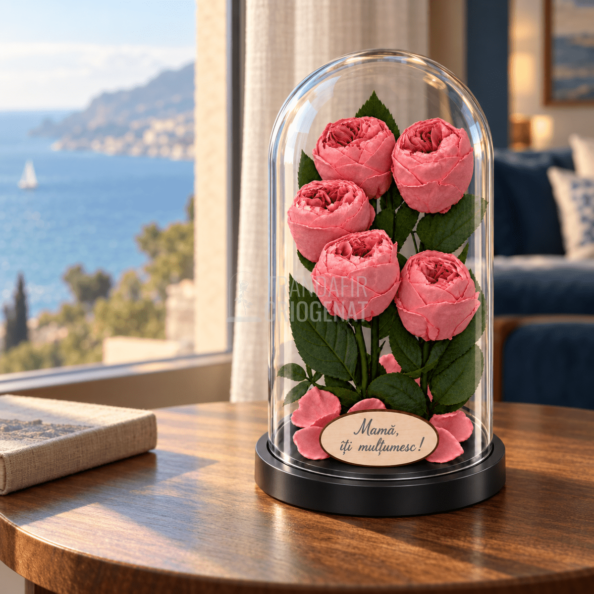 5 bujori criogenați Niki XXL corai în cupolă de sticlă 17 × 28 cm - Trandafir-Criogenat.ro