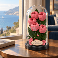 5 bujori criogenați Niki XXL corai în cupolă de sticlă 17 × 28 cm - Trandafir-Criogenat.ro