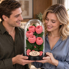 5 bujori criogenați Niki XXL corai în cupolă de sticlă 17 × 28 cm - Trandafir-Criogenat.ro